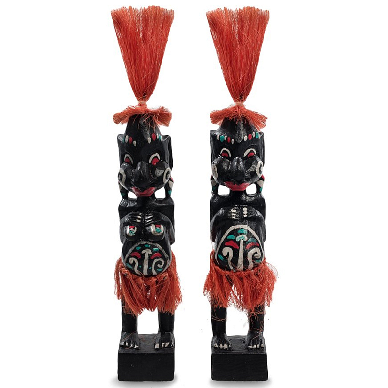 Комплект из 2-х деревянных статуэток Asmat Red Straw Headdress Statuettes Черный Красный Белый Бирюзовый Комплект из 2-х деревянных статуэток Asmat Red Straw Headdress Statuettes Черный Красный Белый Бирюзовый в Воронеже | Loft Concept