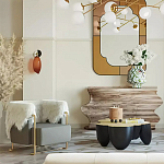 Дизайнерский журнальный стол округлой формы чёрный с золотой столешницей Fufem варинант исполнения - 2 | Loft Concept в Воронеже