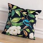 Декоративная подушка чёрная с изображением птиц и цветов  Blooming Blue Birds варинант исполнения - 2 | Loft Concept в Воронеже