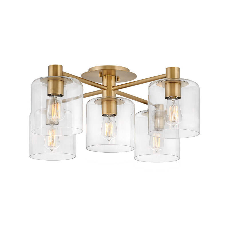 Потолочный светильник цвета латунь с пятью прозрачными цилиндрическими плафонами Hinkley Латунь Прозрачное Стекло в Воронеже | Loft Concept 
